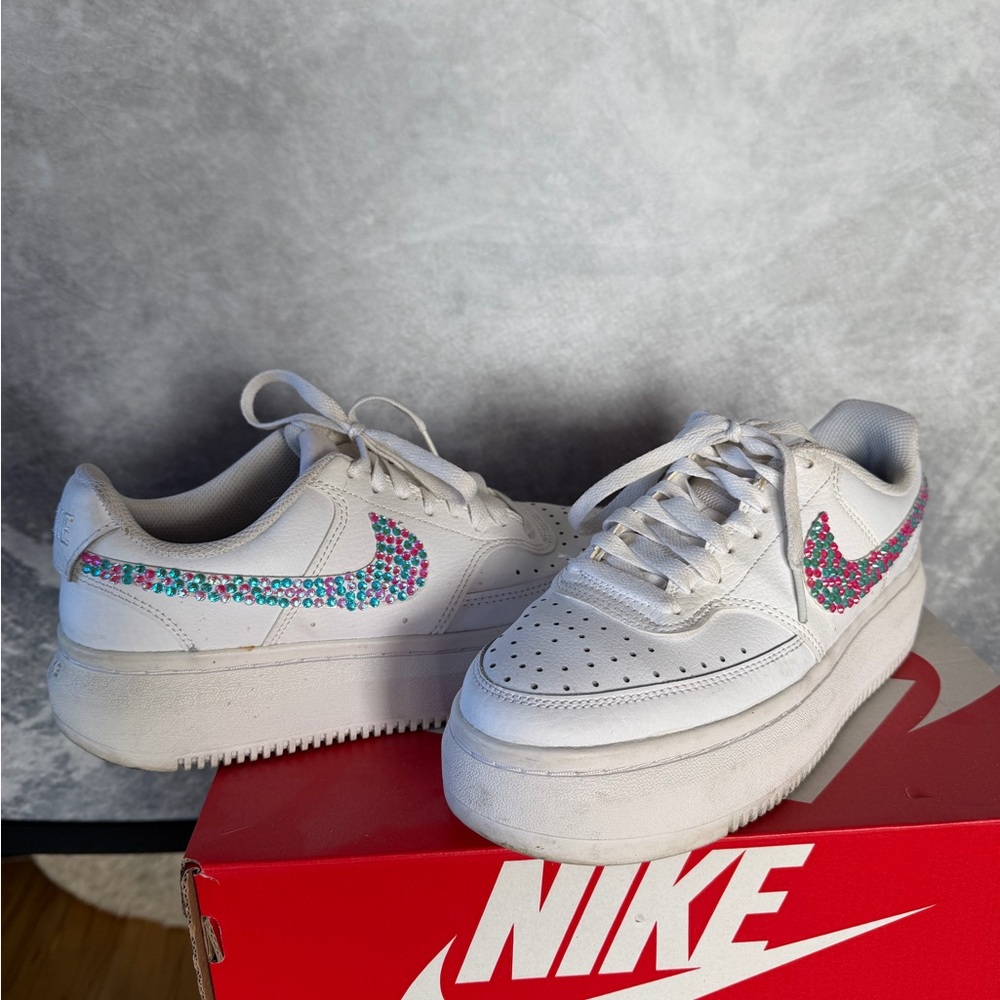 Nike White Platform Low Dunks with Custom Colorful Swoosh